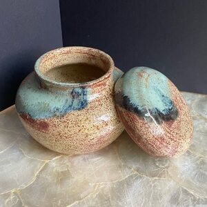 Vintage Studio Pottery Vase signed R. F. Vessel JAR lid dish aqua blue camel